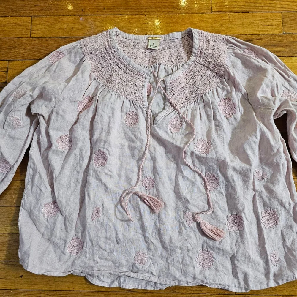 Magaschoni Pink Linen Embroidered Blouse Women's Size Large - Picture 2 of 8